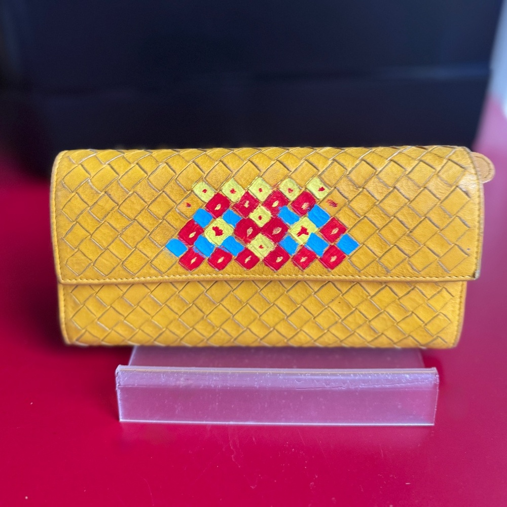 Bottega Veneta Yellow Intrecciato Woven Leather Long Wallet Hand Painted Upcycle